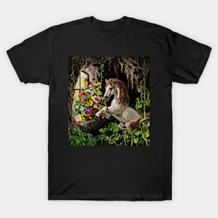 watercolor horse with garden and mixed flowers T-Shirt